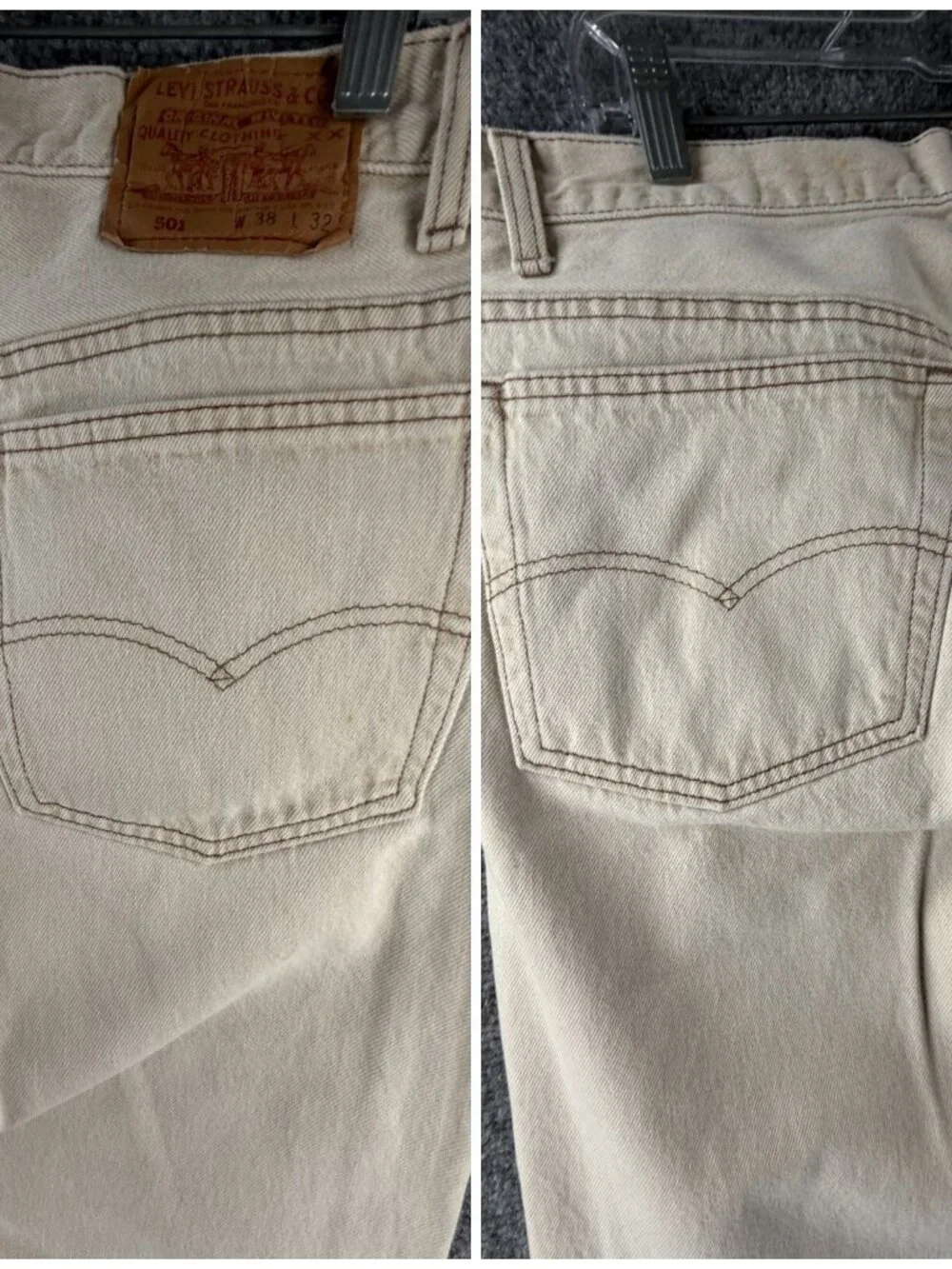 VTG Levi’s 501 Denim Jeans Beige Red Tab USA Made 1992 Button Fly ACTL 34X31